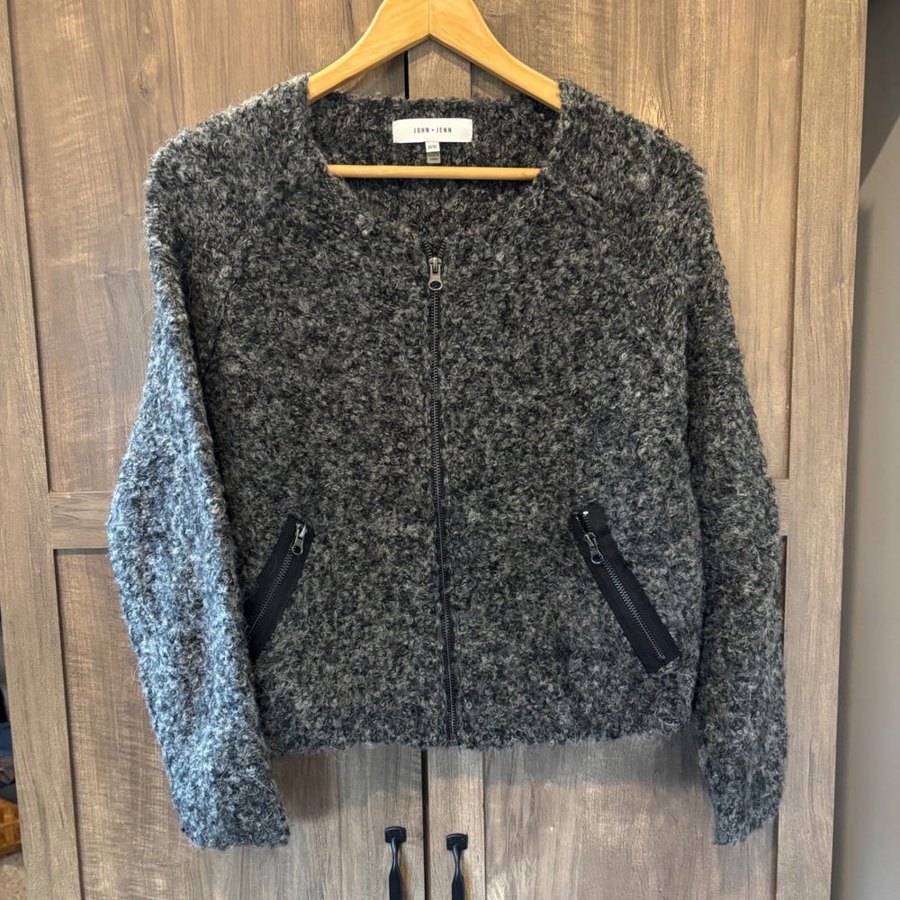 John + Jenn Grey Wool Alpaca Blend Boucle Zip Front Cardigan Sweater Medium